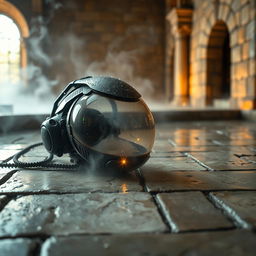 A cybernetic Borg one-eye piece visor, detached from a futuristic drone, lying abandoned on aged stone tiles of a medieval bathhouse styled like a hammam