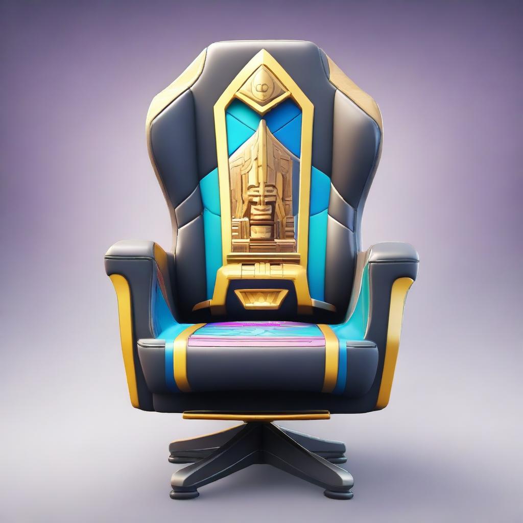 A detailed HD illustration of the vibrant Aegis Temple from Fortnite, intricately displayed on the back of a gaming chair.