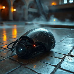 A cybernetic Borg single one-eye piece visor, detached from a futuristic drone, lying abandoned on aged stone tiles of a medieval bathhouse styled like a hammam
