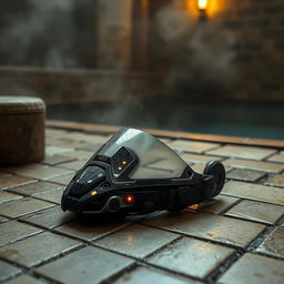 A cybernetic Borg single one-eye piece visor, detached from a futuristic drone, lying abandoned on aged stone tiles of a medieval bathhouse styled like a hammam
