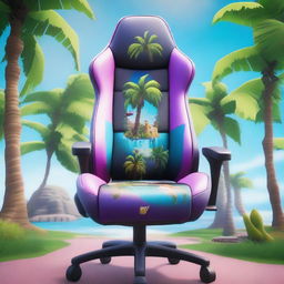 An editorial product photograph featuring a detailed HD illustration of vibrant Paradise Palms from Fortnite, intricately designed on the back of a gaming chair