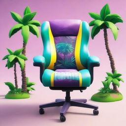 An editorial product photograph featuring a detailed HD illustration of vibrant Paradise Palms from Fortnite, intricately designed on the back of a gaming chair