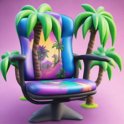 An editorial product photograph featuring a detailed HD illustration of vibrant Paradise Palms from Fortnite, intricately designed on the back of a gaming chair