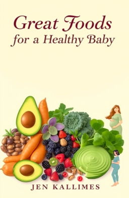 A beautifully designed book cover for 'Great Foods for a Healthy Baby', showcasing an array of vibrant, nutrient-rich foods such as avocados, sweet potatoes, leafy greens, berries, and nuts, arranged artistically