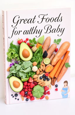 A beautifully designed book cover for 'Great Foods for a Healthy Baby', showcasing an array of vibrant, nutrient-rich foods such as avocados, sweet potatoes, leafy greens, berries, and nuts, arranged artistically