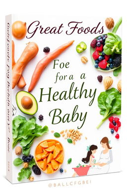 A beautifully designed book cover for 'Great Foods for a Healthy Baby', showcasing an array of vibrant, nutrient-rich foods such as avocados, sweet potatoes, leafy greens, berries, and nuts, arranged artistically