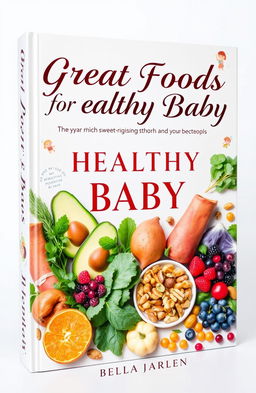 A beautifully designed book cover for 'Great Foods for a Healthy Baby', showcasing an array of vibrant, nutrient-rich foods such as avocados, sweet potatoes, leafy greens, berries, and nuts, arranged artistically