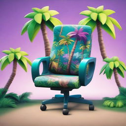 An editorial product photograph featuring a detailed HD illustration of vibrant Paradise Palms from Fortnite, intricately designed on the back of a gaming chair