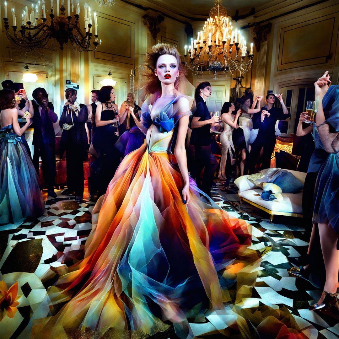 Digital art of a model in an avant-garde gown standing poised amidst a wild party in an opulent ballroom.