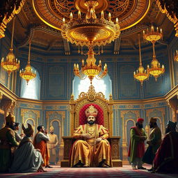 A magnificent throne room, featuring exquisite golden chandeliers hanging from a beautifully decorated ceiling