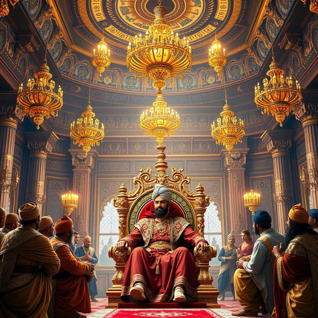 A magnificent throne room, featuring exquisite golden chandeliers hanging from a beautifully decorated ceiling