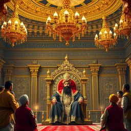 A magnificent throne room, featuring exquisite golden chandeliers hanging from a beautifully decorated ceiling