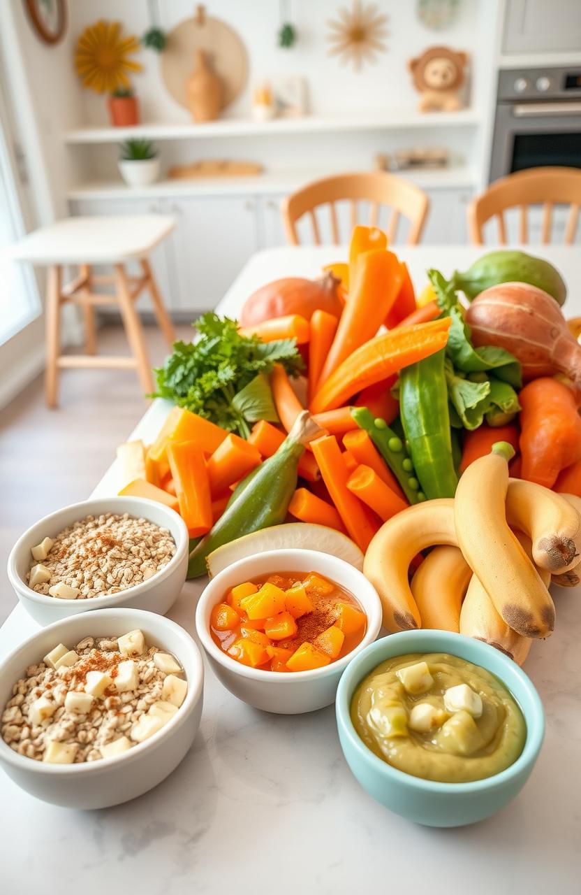 A vibrant display of healthy baby foods, showcasing an array of colorful pureed vegetables like sweet potatoes, carrots, and green peas, alongside fruits such as mashed bananas, soft avocados, and applesauce