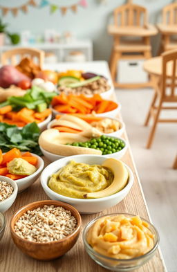 A vibrant display of healthy baby foods, showcasing an array of colorful pureed vegetables like sweet potatoes, carrots, and green peas, alongside fruits such as mashed bananas, soft avocados, and applesauce