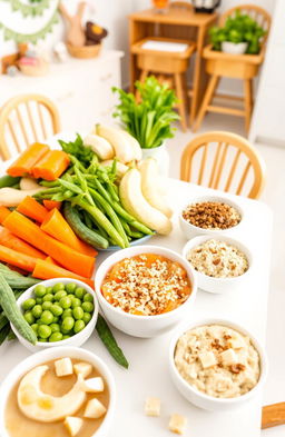 A vibrant display of healthy baby foods, showcasing an array of colorful pureed vegetables like sweet potatoes, carrots, and green peas, alongside fruits such as mashed bananas, soft avocados, and applesauce