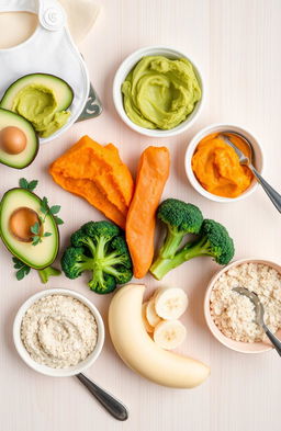 A visually appealing flat lay of a variety of healthy baby foods, including mashed avocados, pureed sweet potatoes, steamed broccoli florets, soft banana slices, and oatmeal
