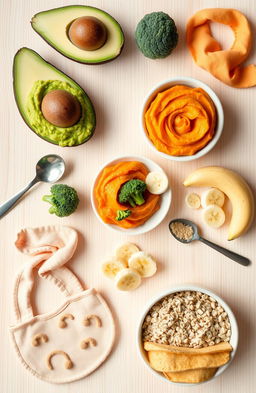 A visually appealing flat lay of a variety of healthy baby foods, including mashed avocados, pureed sweet potatoes, steamed broccoli florets, soft banana slices, and oatmeal
