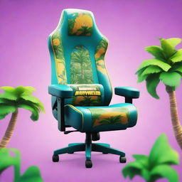 High-definition editorial photograph of a gaming chair, meticulously detailed, covered in an eye-catchingly vibrant illustration of Paradise Palms from Fortnite