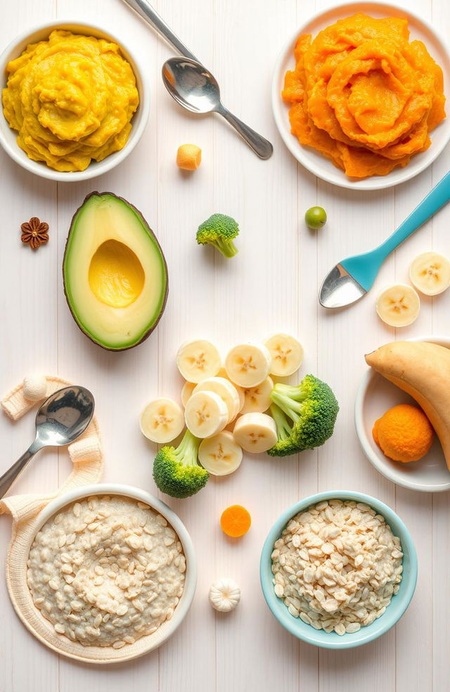 A visually appealing flat lay of a variety of healthy baby foods, including mashed avocados, pureed sweet potatoes, steamed broccoli florets, soft banana slices, and oatmeal