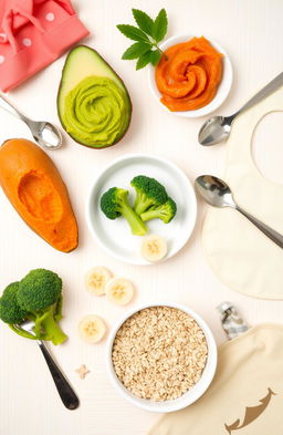 A visually appealing flat lay of a variety of healthy baby foods, including mashed avocados, pureed sweet potatoes, steamed broccoli florets, soft banana slices, and oatmeal