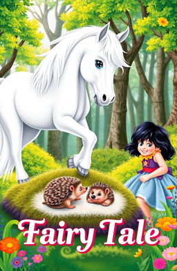 A whimsical cover for a children's fairy tale, featuring a beautiful white pony standing gracefully in a vibrant forest