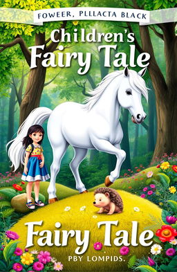 A whimsical cover for a children's fairy tale, featuring a beautiful white pony standing gracefully in a vibrant forest