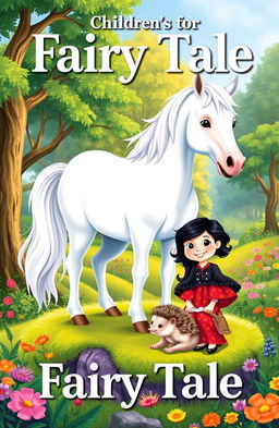 A whimsical cover for a children's fairy tale, featuring a beautiful white pony standing gracefully in a vibrant forest