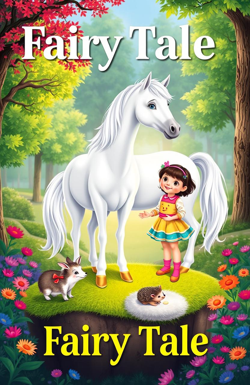 A whimsical cover for a children's fairy tale, featuring a beautiful white pony standing gracefully in a vibrant forest