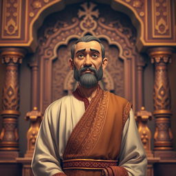 Birbal, a wise and humble man, dressed in a simple yet elegant Mughal robe, with intricate patterns and rich colors, standing with a calm and confident expression in front of the majestic throne of Akbar, the great Mughal emperor