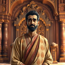 Birbal, a wise and humble man, dressed in a simple yet elegant Mughal robe, with intricate patterns and rich colors, standing with a calm and confident expression in front of the majestic throne of Akbar, the great Mughal emperor