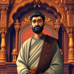 Birbal, a wise and humble man, dressed in a simple yet elegant Mughal robe, with intricate patterns and rich colors, standing with a calm and confident expression in front of the majestic throne of Akbar, the great Mughal emperor