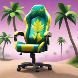 High-definition editorial photograph of a gaming chair, meticulously detailed, covered in an eye-catchingly vibrant illustration of Paradise Palms from Fortnite