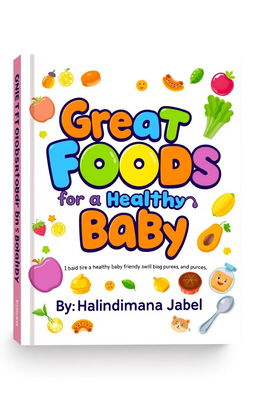 A vibrant and engaging book cover design featuring the title 'Great Foods for a Healthy Baby' prominently displayed in playful, colorful typography