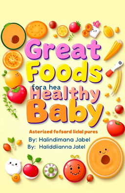 A vibrant and engaging book cover design featuring the title 'Great Foods for a Healthy Baby' prominently displayed in playful, colorful typography