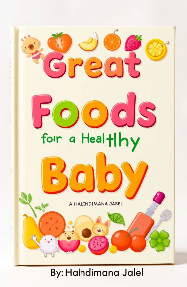 A vibrant and engaging book cover design featuring the title 'Great Foods for a Healthy Baby' prominently displayed in playful, colorful typography