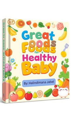 A vibrant and engaging book cover design featuring the title 'Great Foods for a Healthy Baby' prominently displayed in playful, colorful typography