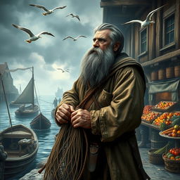 A rugged, weathered fisherman character inspired by the fisherman from Jaws, set in a medieval little port