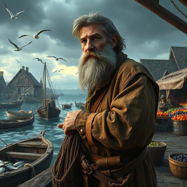 A rugged, weathered fisherman character inspired by the fisherman from Jaws, set in a medieval little port