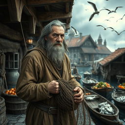 A rugged, weathered fisherman character inspired by the fisherman from Jaws, set in a medieval little port
