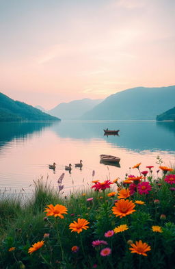 A serene landscape featuring a tranquil lake surrounded by lush green mountains