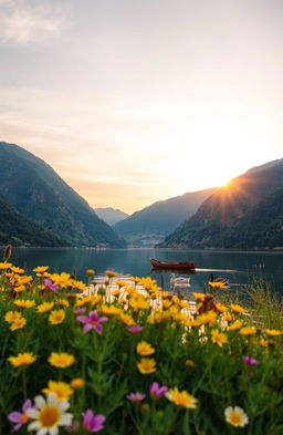 A serene landscape featuring a tranquil lake surrounded by lush green mountains