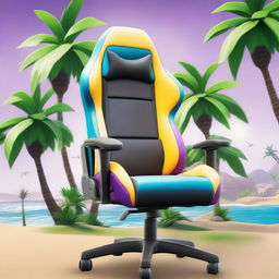 High-definition editorial photograph of a gaming chair, meticulously detailed, covered in an eye-catchingly vibrant illustration of Paradise Palms from Fortnite