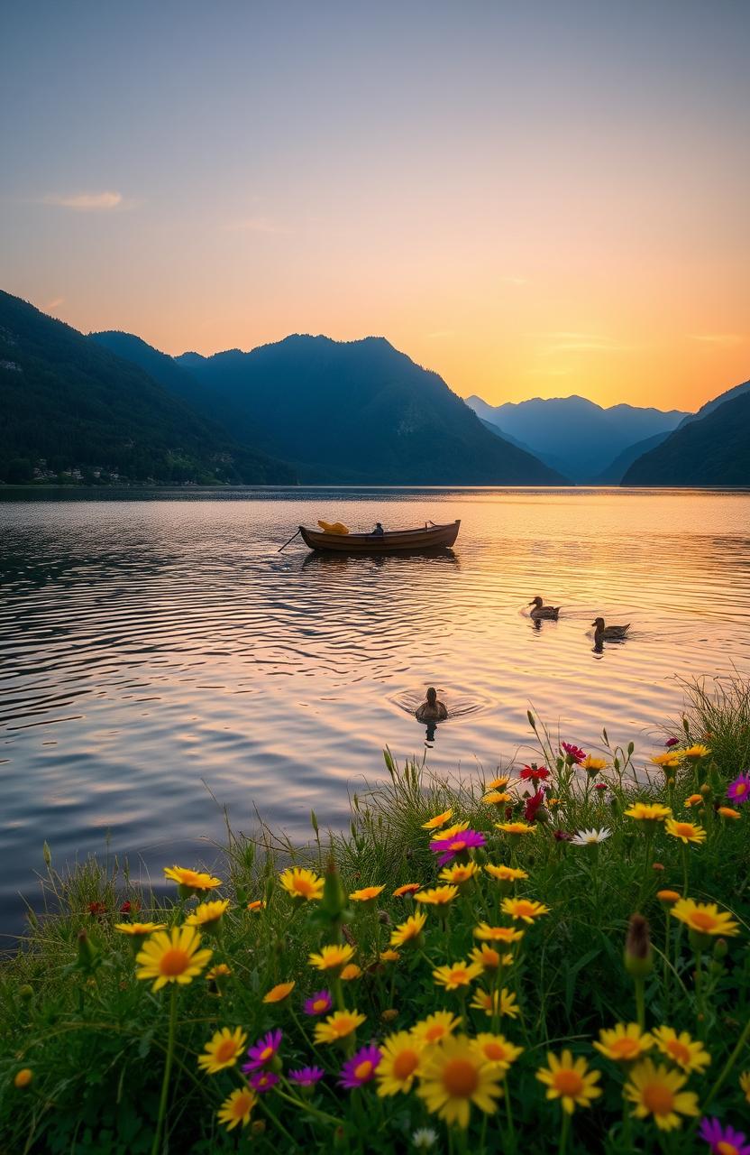 A serene landscape featuring a tranquil lake surrounded by lush green mountains