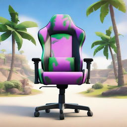 High-definition editorial photograph of a gaming chair, meticulously detailed, covered in an eye-catchingly vibrant illustration of Paradise Palms from Fortnite