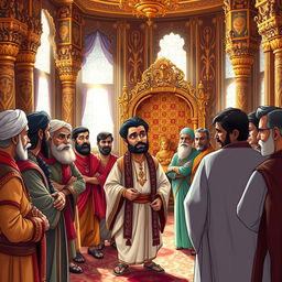 In a lavish royal court, a group of courtiers stands around looking puzzled and confused