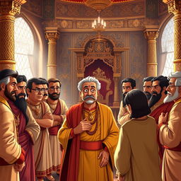 In a lavish royal court, a group of courtiers stands around looking puzzled and confused