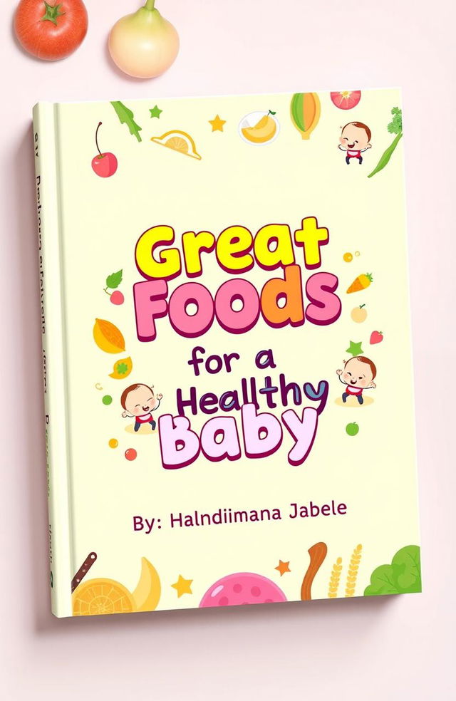 A colorful and engaging book cover design featuring the title 'Great Foods for a Healthy Baby' prominently displayed in a playful, child-friendly font