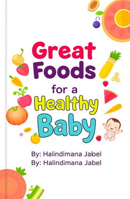 A colorful and engaging book cover design featuring the title 'Great Foods for a Healthy Baby' prominently displayed in a playful, child-friendly font