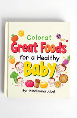 A colorful and engaging book cover design featuring the title 'Great Foods for a Healthy Baby' prominently displayed in a playful, child-friendly font