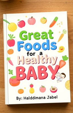 A colorful and engaging book cover design featuring the title 'Great Foods for a Healthy Baby' prominently displayed in a playful, child-friendly font